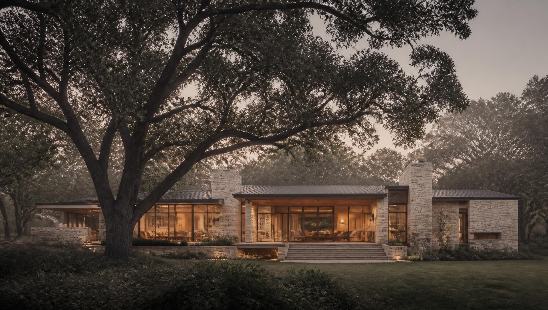 Contemporary Southern residence of stone and wood beneath mature oaks